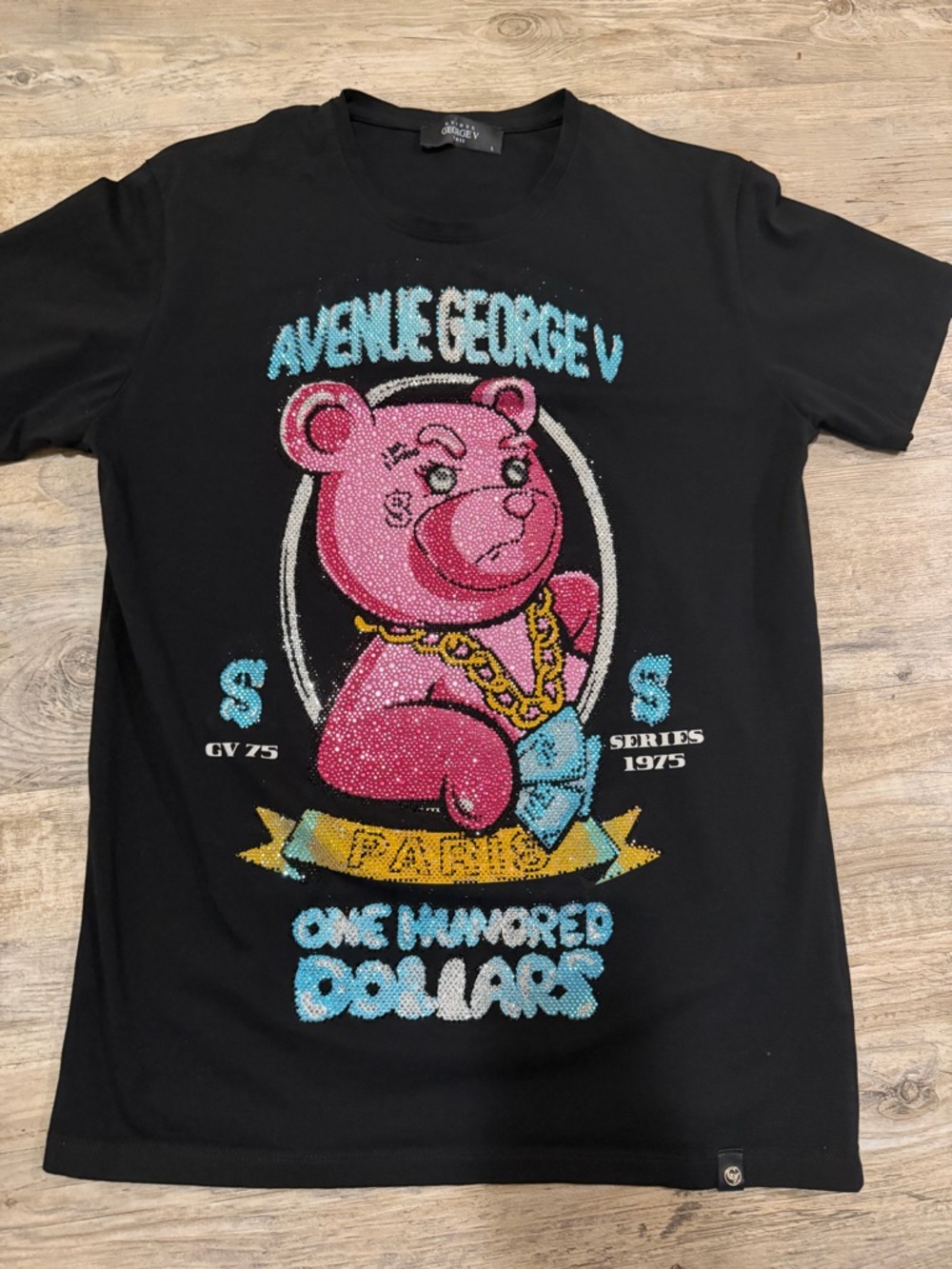 Avenue George V Black Tee with Pink Bear Graphic